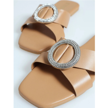 Legit Flat Double Strap Round Diamante Centered Mule - Beige